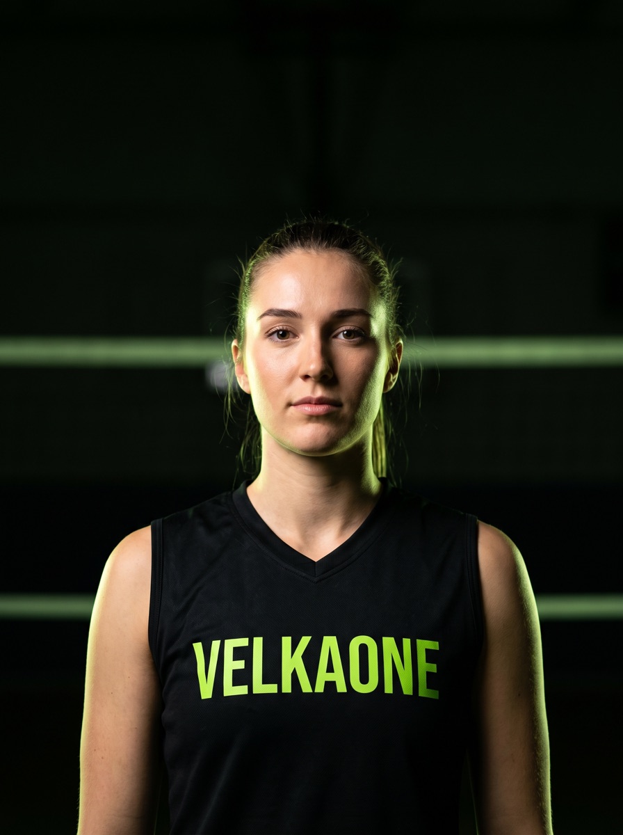 Atleta di pallacanestro in divisa Velkaone in palestra