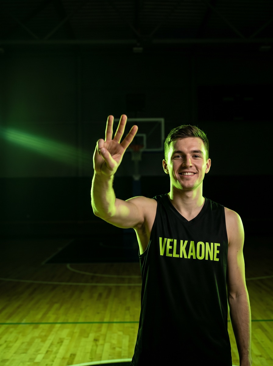 Giocatore di pallacanestro Velkaone con il pallone in palestra